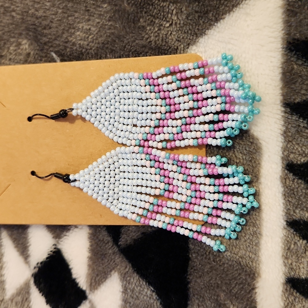 Hand crafted artisan fringed seedbead earrings with black hypoallergenic hook